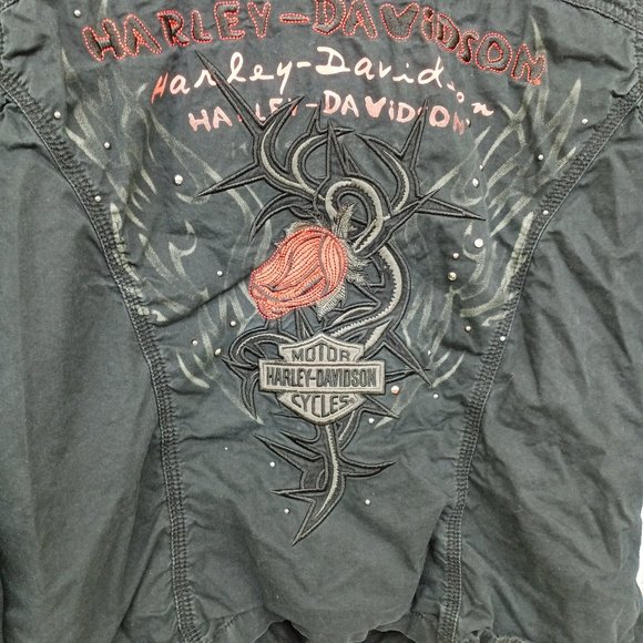 Harley Davidson Black Button Down Shirt Rhinestones Embroidered Red Rose - Picture 9 of 13